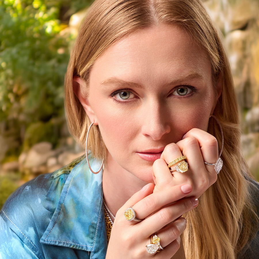 Closeup of look Los Leones, a yellow diamond, white diamond, yellow gold jewelry + apparel collection; 323-404-2959 for shop help